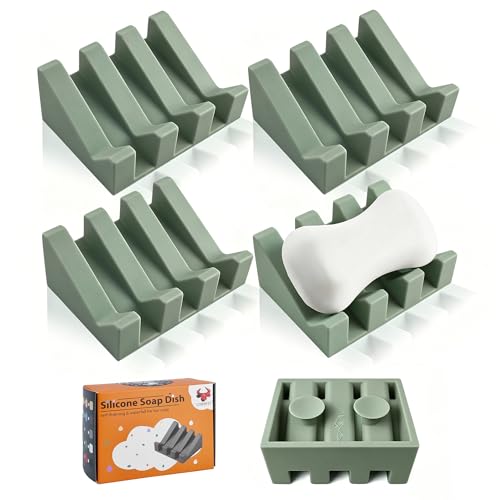 Soap Dish Holder for Shower with Suction Cup, Silicone Soap Holder & Saver Self-Draining Bar Soap Dish Keeps Soap Dry for Bathroom, Kitchen, Bathtub (Green,4-Pack) - color: Green,4-pack