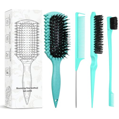 Curl Defining Brush with 3 Pcs Slick Back Hair Set Bristle Edge Control Teasing Comb, For Combing and Shaping in All Hairstyles to Reduce Pulling (Green) - color: Green