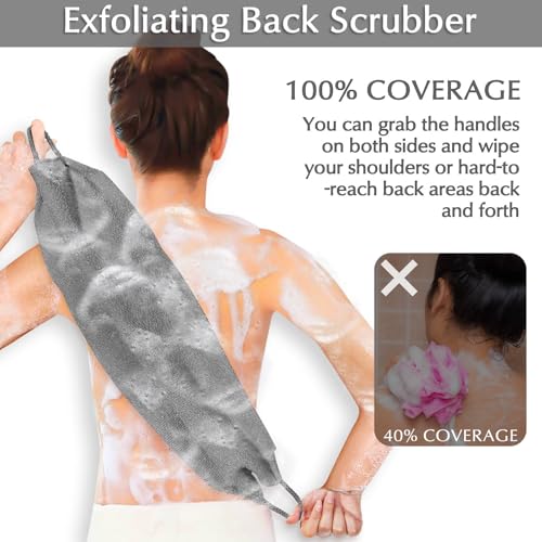 Anezus Exfoliating Back Scrubber Bath Gloves Set, Exfoliating Shower Towel with Shower Gloves for Body Scrub, Back Cleaner Wash Gloves to Remove Dead Skin (Grey) - color: Grey