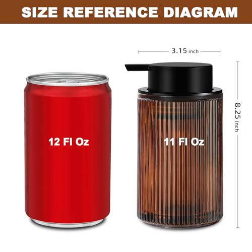 KASUNTING Amber Glass Foaming Soap Dispenser, Ribbed Foam Hand Soap Dispenser for Bathroom, 11 Fl Oz 2 Pack Refillable Foaming Pump Bottle with Black Pump, Modern Dish Soap Foam Dispenser - color: Amber Bottle+ Black Pump, size: Foam-2 Pack