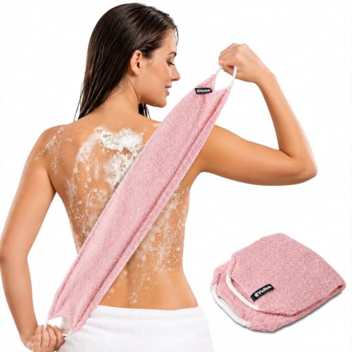 Yiclick Exfoliating Washcloth Towel with Handle, Back Scrubber for Shower, Exfoliating Body Scrubber Exfoliator, Japanese Wash Cloth for Body Scrub, Bath Sponge Loofah Luffa Washer Exfoliator - color: Blush