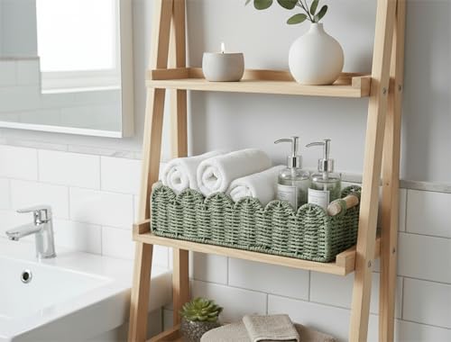 CubesLand Bathroom Basket Organizer, Toilet Tank Paper Storage Baskets 2-Pack, Scalloped Decorative Basket for Countertop w/Handle, Wicker Basket for Bathroom Decor, Home Decor, Living Room, Green - color: Green