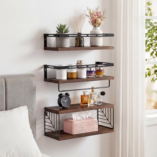 Fixwal Wall Mounted Bathroom Shelves Over Toilet, Rustic Wood Floating Shelves with Metal Frame and Towel Bar for Bathroom, Kitchen, Bedroom, Living Room (3 Plus 1 Dark Brown) - color: 6-dark Brown