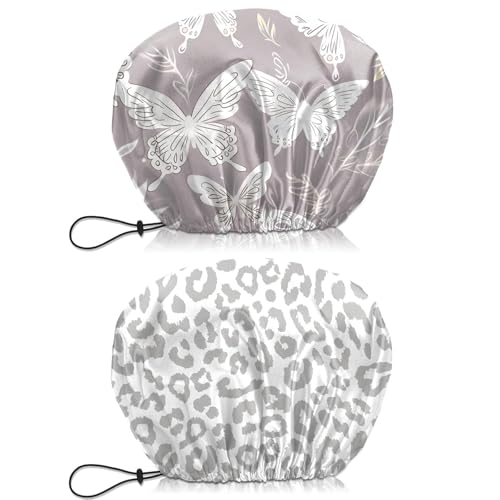 2 PCS Shower Cap Waterproof Double Layer Elastic Adjustable Reusable Hair Bath Caps for Girls Women Cute Aesthetic-Grey - color: G16-Grey