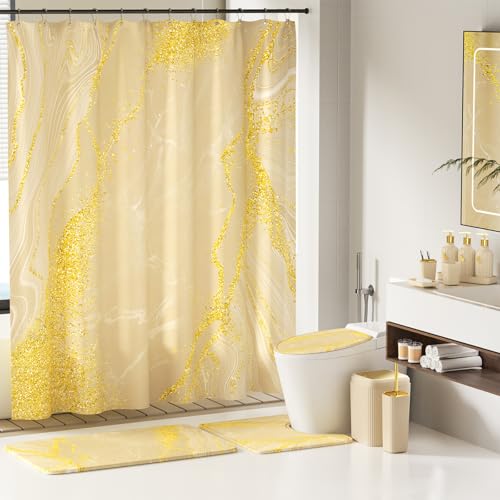 21PCS Bathroom Sets with Shower Curtain and Rugs Bathroom Accessories Set Beige Bathroom Set Complete with Trash Can, Toilet Brush, Qtip Holder & 3PCS Soap Dispenser - size: Bath Set+Marble Shower Curtain+Rugs, style: Beige