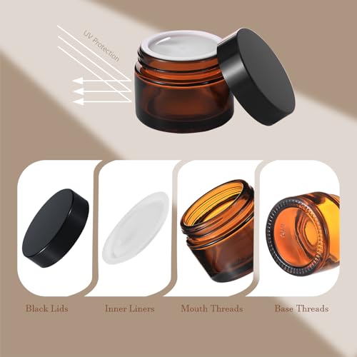 45Pack 2oz Small Amber Glass Jars with Lids, Lotion Container, Cosmetic Containers, Little Travel Jars for Creams with Mini Spoon, Black Label