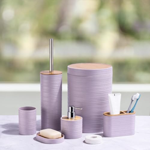 CERBIOR Bathroom Accessories Set 6 Piece Bamboo Bath Ensemble Includes Soap Dispenser, Toothbrush Holder, Toothbrush Cup, Soap Dish for Decorative Countertop and Housewarming Gift, Sriral Purple - style: Purple