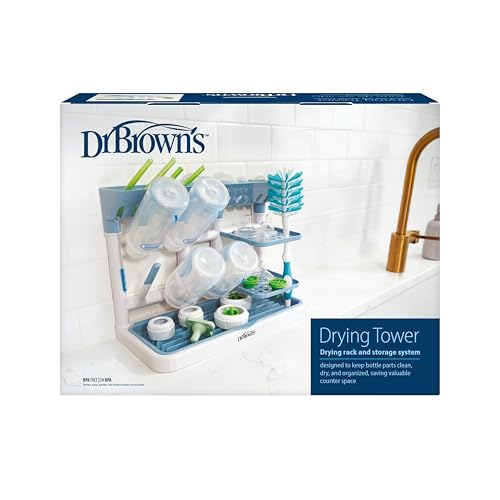 Dr. Brown's Drying Tower, Stand-Up Drying Rack, Countertop Baby Bottle Drying with Organized Storage for Baby Essentials, Space Saving Vertical Rack, Blue/White - style: Blue/White Rack