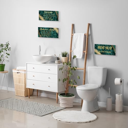DONFENTHY 3 Pieces Green Gold Bathroom Decor Bathroom Rules Wall Art Green Gold Rules Signs Best Seat in The House Farmhouse Wooden Sign for Toilet Wall Decor (10x5") - color: Green Gold