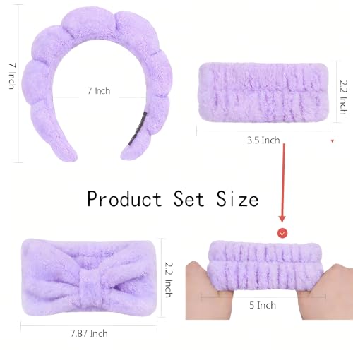 Skincare Headband Washing face Wristband Set, Purple | Soft absorbent fabric, snug head-hugging fit for face washing, skincare, makeup, masks, travel, women and teen girls - color: Purple