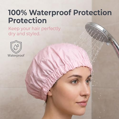 2 Pcs Reusable Shower Cap for Women Reusable Waterproof Large Shower Bonnet Washable Elastic Band Bath Hair Hat Double Layer Showers Caps Soft Non-Slip Washable Showers Bonnet for Most Hair Types