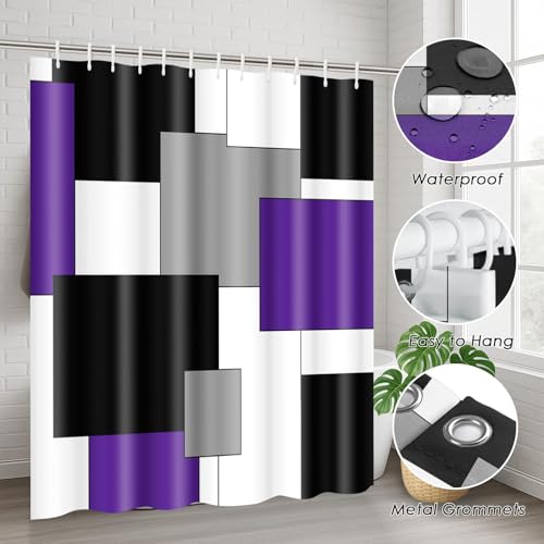 Purple Geometric Shower Curtain Set with Toilet Lid Cover and Non-Slip Rugs for Bathroom, Grey Black White Checkered 4 Pcs Shower Curtain, Abstract Modern Bathroom Set with 12 Hooks - color: Abstract Geometric Purple