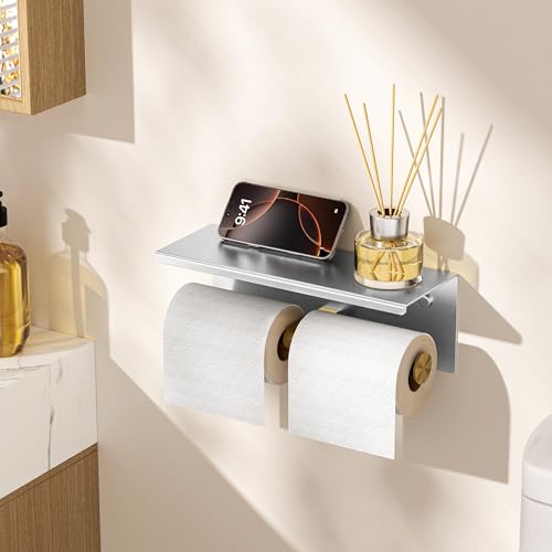 FORIOUS Double Toilet Paper Holder with Shelf, Wall Mount Tissue Roll Holder for Bathroom, 304 Stainless Steel Commercial Toilet Tissue Dispensers with Phone Shelf (1, Stainless Steel & Brushed Gold) - color: Stainless Steel & Brushed Gold