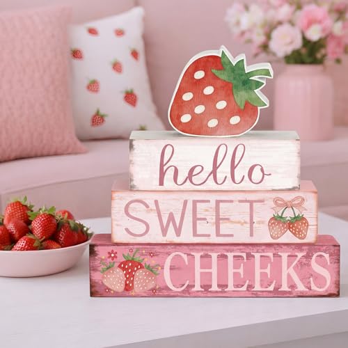 Cinnvoice 4 Pcs Strawberry Bathroom Decor Farmhouse Bathroom Decoration Hello Sweet Cheeks Table Centerpiece Gift for Christmas Valentines Back to School - style: Strawberry Hello Sweet Cheeks