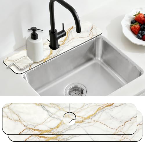 2 Pcs Kitchen Sink Splash Guard Faucet Mat White Marble Faucet Mat for Sinks Marble Texture Absorbing Drying Mats for Kitchen Bathroom, 23.6x5.5inch - color: White Marble