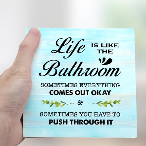 Blue Life is Like The Bathroom Wooden Box Sign Desk Decor,Funny Bathroom Wood Block Sign for Farmhouse Toilet Shelf Decor - color: Blue