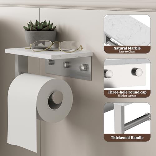 BWE Brushed Nickel Toilet Paper Holder with Marble Shelf, Toilet Paper Roll Holder Wall Mounted, Toilet Paper Roll Holder with Phone Shelf 304 Stainless Steel Tissue Holder for Bathroom Washroom - color: Brushed Nickel