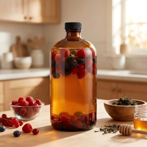 TBWIND 4 Pack 32oz Amber Glass Boston Round Bottles with Airtight Caps | Refillable Storage Bottles for Vanilla Extract, Kombucha, Cold Brew, Syrup & Oils with Droppers, Labels & Funnels - size: 32 oz