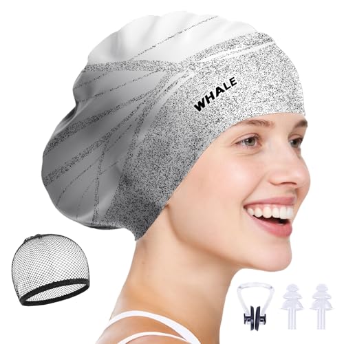 WHALE Extra Large Swim Cap Designed for Men and Women with Thick, Long Hair, Hair Extensions Or Afro-Textured Hair Long-Hair Swim Cap Highly Waterproof to Keep Hair Dry - color: Grey