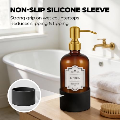 16 oz Hand and Dish Soap Dispenser Set for Kitchen and Bathroom, 500ml Amber Glass Soap Dispenser with Stainless Steel Golden Pump, Non-Slip Silicone Sleeves, Labels - 2 Pack - color: Amber With Golden Pump
