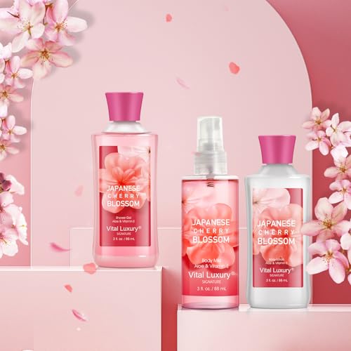 Self Care Gift Set for Women - 3PC Japanese Cherry Blossom Spa Travel Set with Shower Gel, Lotion & Body Mist - Luxury Bath Gift Set for Mother's Day, Birthday, or Anniversary