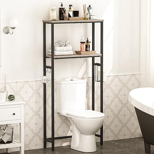 HOOBRO Over-The-Toilet Storage, 2-Tier Bathroom Organizer Over Toilet, Bathroom Shelves with Toilet Paper Holder and Hooks, Freestanding Storage Shelf, Space Saver, Greige and Black BG49TS01 - color: Greige and Black