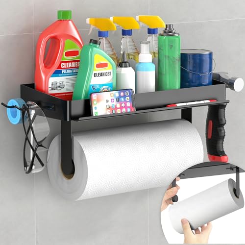 YIGII Wall Mount Paper Towel Holder with Phone Stand, Garage Papertowel Holder with Shelf and 4 Extended Hooks, Heavy Duty Stainless Steel Paper Towel Rack for Garage & Tool Room, Black - color: Black