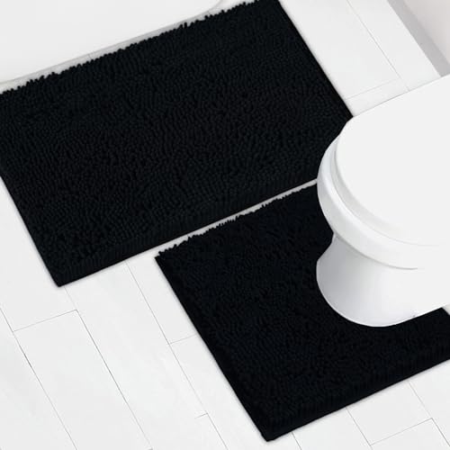 Bathroom Rugs Chenille Bath mat 2 Piece Set, Super Absorbent, Strong PVC Non Slip Backing, Bath mats for Bathroom, Plush Shaggy, Thick, Machine Washable, Bathtub, Shower, Toilet.(Black) - color: Black, size: 20''×20''U-Shape+20''×32''