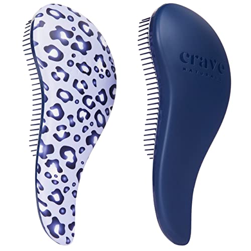 Crave Naturals Glide Thru Detangling Hair Brush for Adults and Kids - Detangler Hairbrush for Curly or Straight, Wet or Dry Hair - Gentle on Tangles Comb - Navy Blue and Blue Cheetah (Pack of 2) - color: Blue Cheetah & Blue, size: 2 Pack (Regular)