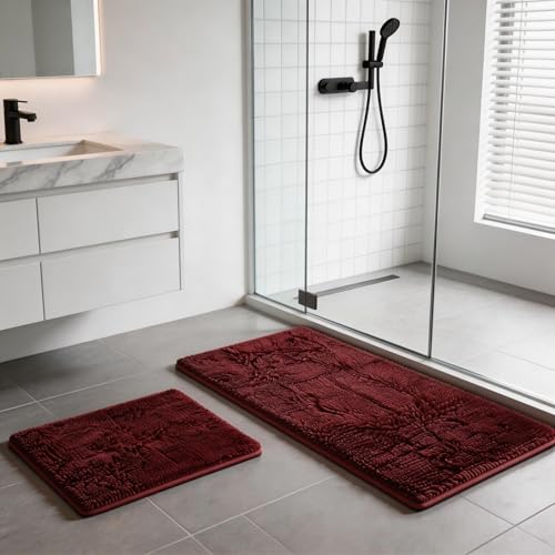 RUN HELIX Bathroom Rugs Sets 2 Piece, Luxury Shaggy Extra Thick Bathroom Rugs, Plush Non-Slip Mats for Bath Room Floor, Machine Wash, Ultra Absorbent, 32 x 20 + 24 x 16 Inches, Burgundy - color: Burgundy, size: 32"L x 20"W + 24"L x 16"W