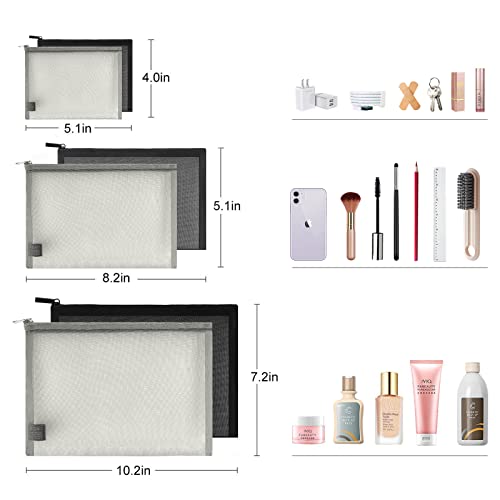 EASYFUN 6 Pieces Mesh Cosmetic Bag With Zipper Portable Travel Organizing Zipper Pouch Toiletries Makeup Pouches For Home Travel Accessories Diaper Bag - color: Grey Black