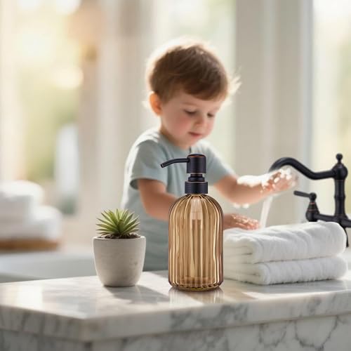 16 OZ Amber Glass Soap Dispenser, Amber Stripe Bathroom Hand Soap Dispensers with Stainless Steel Bronze Pump,Brown Glass Kitchen Hand Soap Dispenser with Oil Rubbed Bronze Pump,2 Packs - color: Oil Rubbed Bronze+amber, size: 2-Pack