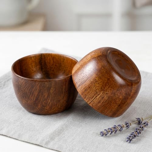 Lyellfe Set of 4 Acacia Wooden Bowl, 5 Oz Small Dipping Sauce Bowl with Spoon, 3 Inch Charcuterie Dish, Soup Water Cup for Condiments, Jam, Nuts, Appetizer, Snack, Yogurt