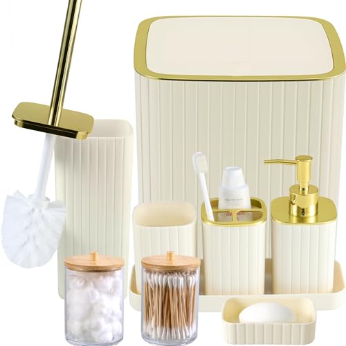Bathroom Accessories Set-9PC Set, Complete Bathroom Decor & Home Decor, Bathroom Set with Toilet Brush, Trash Can, Soap Dispenser,Modern Home Bath(Beige, Bath Set) - color: Beige&gold, size: 9-Piece Bath Set