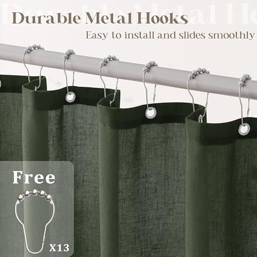 Olive Green Shower Curtain for Bathroom Water Repellent 72x66 Inch | Dark, Boho Shabby Chic Luxury Aesthetic, Decorative Linen Curtains, for Hotel, Fabric Drapes, with Hooks Sets, 66 Inches Long - color: Olive Green, size: 72"W x 66"L (Pack of 1)