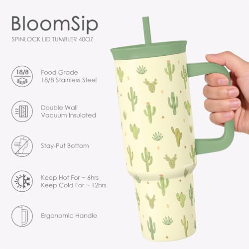 SANDJEST Cactus Stainless Steel Locking Lid Silicone Straw Tumbler with Handle 40oz, Insulated Stainless Steel Travel Cup for Women Girls Friends, Gift Idea for Birthday Christmas - color: Cactus