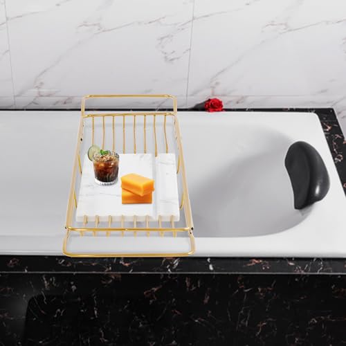 Expandable Bathtub Tray, 26.7-35.4 Inches Stainless Steel Bath Caddy Tray with Marble Base Adjustable Luxury Bath Trays for Tub Scented Candle Wine Glass Books (Gold+White) - color: Gold+white