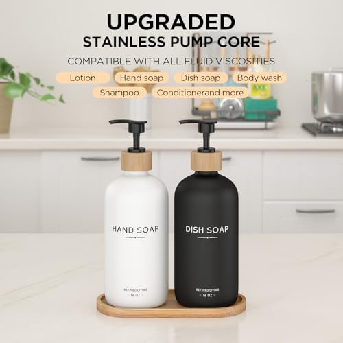 Hand and Dish Soap Dispenser Set,16oz Glass Bottles with Bamboo Pumps & Tray,Countertop Soap Dispensers for Kitchen,Luxury, Minimalist & Farmhouse Decor - color: Hand Dish (Black/White)
