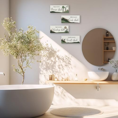 ONIZHITY 4 Pcs Green Boho Wall Art Bible Verse Inspirational Bohemian Wall Decor Rustic Christian Sign for Home Bathroom Office Bedroom Living Room (10x4) - color: Green Boho