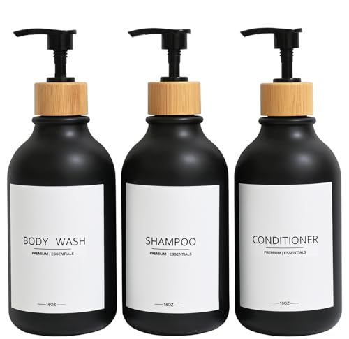 Frosted Plastic Shampoo and Conditioner Bottles, Apothecary Dispenser Bamboo Pump, Refillable Bottles for Shower Lotion, Oil, Hand Soap, Sanitizer, Liquid Soap, Set of 3 with 9 Labels (3, Matte Black) - color: Matte Black