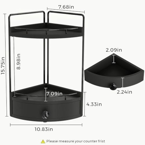 2-Tier Corner Bathroom Counter Organizer with Drawer & Embedded Screw Holes - Wooden Countertop Organizers for Skincare, Makeup Storage, Bathroom Sink Counter Shelf for Vanity, Kitchen, Black - color: Black