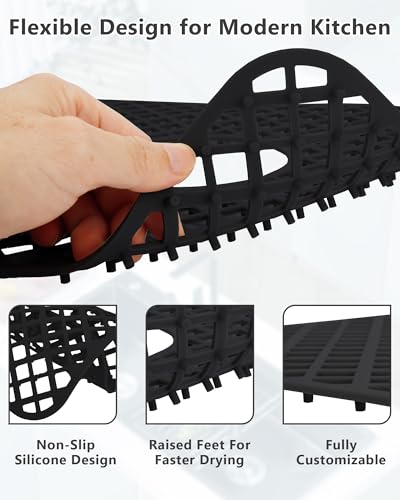 2 Pack Silicone Sink Protector for Kitchen Sink, Trellis Pattern 12 x 11" Sink Grid Mat Silicone Protectors, Center Drain, Black - color: Black