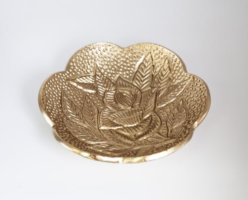 Brass Jewelry Bowl – Gold Color Circular Small Round Spoon Rest Soap Dish Candle Holder - Perfect Catchall Tray for Candles, Jewelry, Rings, and Trinkets (Gold with Embossed Rose Design) - color: Gold With Embossed Rose Design