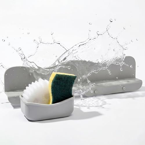 Silicone Sink Splash Guard with Sponge Holder -19.5" x 4.5" x 2.5",- Strong Suction - Sink Edge Protectors for Kitchen Sink - Kitchen Sink Splash Guard - Gray