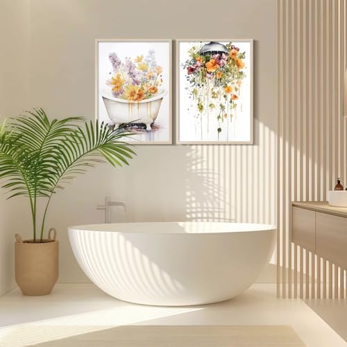 2Pcs Framed Bathtub and Shower Flower Canvas Wall Art Modern Gallery Prints Bathroom Wall Decor Pictures Floral Poster Artwork Living Room Bathroom Apartment 16X24 Inch Ready to Hang - color: Colorful Bathtub and Shower Flower, size: 16L" x 24W"