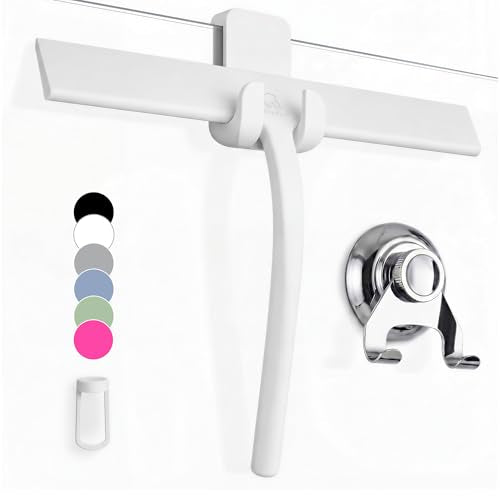 GÜTEWERK Silicone Shower Squeegee for Glass Doors & Mirrors with Stainless Steel Core, Streak-Free & No-Squeak Window Cleaning, 3-in-1 No-Drill Mount (Hook/Suction/Adhesive),White, 11 Inches - color: White, size: 11 Inches