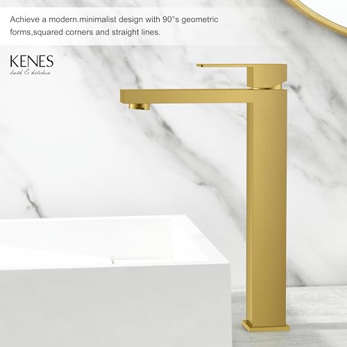 KENES Brushed Gold Tall Bathroom Faucet, Single Handle Vessel Sink Faucet Gold Vanity Bathroom Faucet with Supply Lines and Pop Up Sink Drain, LJ-9031A-4 - color: Gold, size: Tall