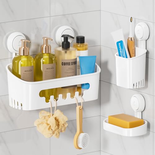 LEVERLOC Shower Caddy Suction Cup Set Shower Organizer & Soap Holder & Toothbrush Holder, Bathroom Shelf Basket NO-Drilling, Removable Suction Storage Waterproof Bathroom Caddy, White - color: White