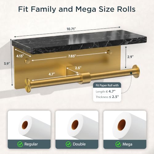 FORIOUS Double Toilet Paper Holder with Shelf, Wall Mount Tissue Roll Holder for Bathroom, 304 Stainless Steel Commercial Toilet Tissue Dispensers with Phone Shelf (1, Gold-Marble) - color: Gold-marble