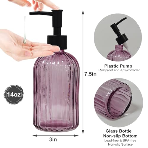 Black Pump Glass Soap Dispenser, 13.5oz Purple Stripe Countertop Refillable Liquid Bottle Hand Dish Lotion Dispenser with Plastic Pump, for Kitchen, Bathroom Countertop - color: Purple